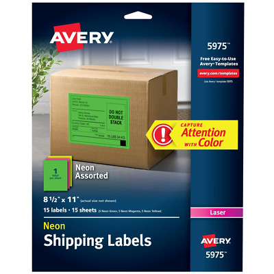Avery High Visibility Rectangle Laser Labels 8 1/2 x 11 Assorted Neons 15/Pk