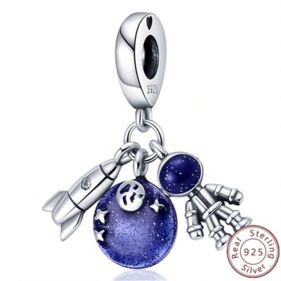 Rakete, Astronaut und Galaxie blau Space Dangle Charm S925 Sterlingsilber