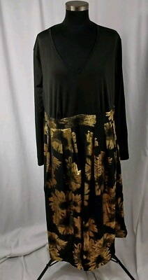 Bloomchic Fit & Flare Long Sleeve V Neck Black Gold Metallic Dress Womens Sz 2X 