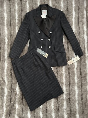 NWT Mondi Vintage Gray Striped Pure Wool Skirt Blazer Jacket Suit Set Size 36