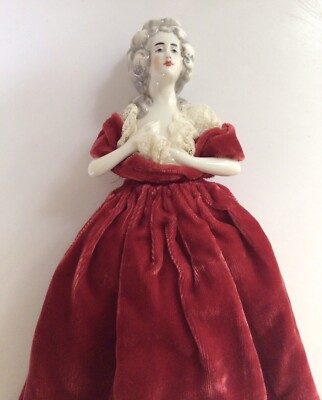 Austrian Art Deco Porcelain Half Doll Pin Cushion Flapper Velvet Red Dress