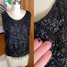 VTG Sequin Tank Top Sz L beaded paillettes embellished black Flapper