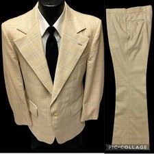 2 pc Vtg 70's Union Made Cream Blue OVERCHECK MoD Disco Wool Suit BELL BOTTOMS