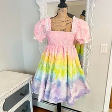 HUGE SALE New York Couture Cottagecore PASTEL Rainbow Painted Puff Sleeve Dress