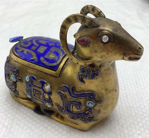 Rare Antique Chinese Qing Cloisonne Enamel Gilt Bronze Ram Figurine Trinket Box