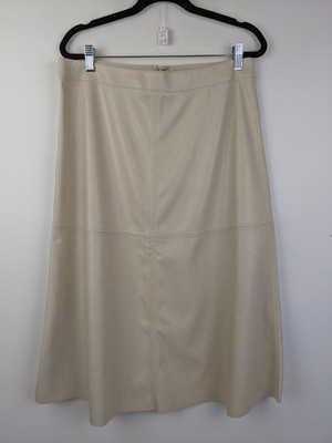 Handmade Cream Leather Midi Skirt Back Zip Size Medium Off White