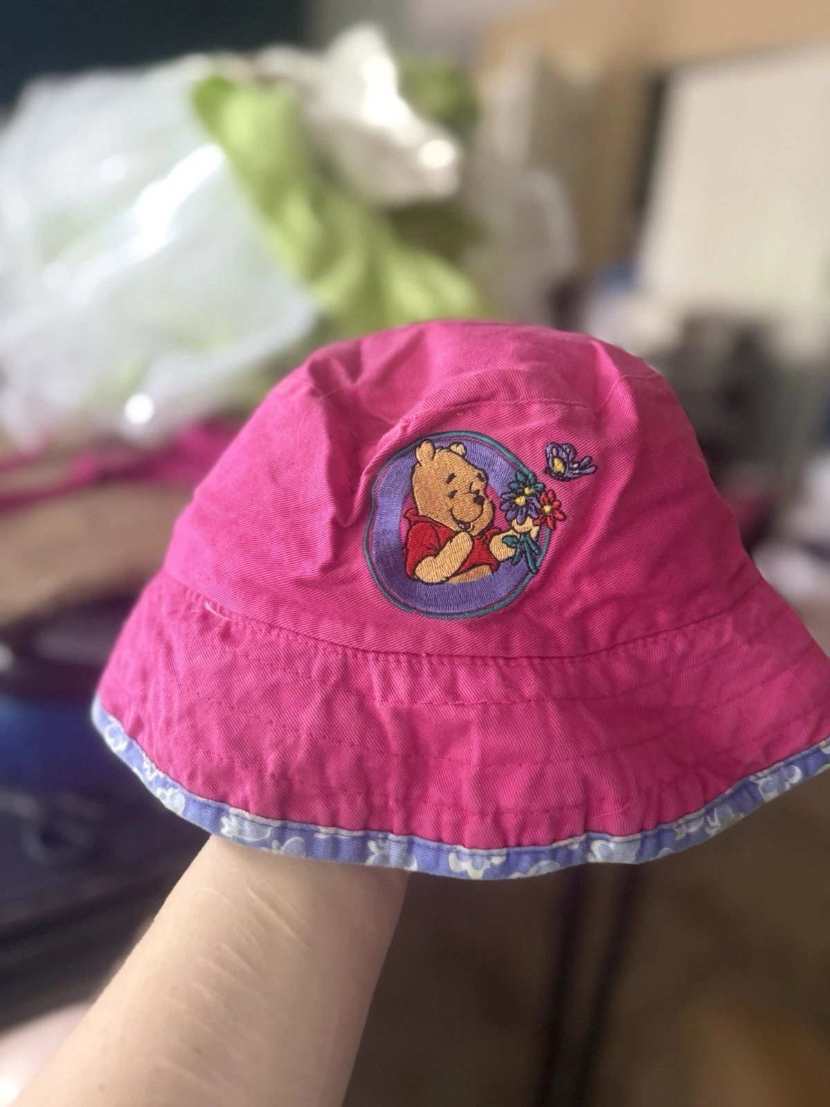 Vintage Disney Winnie the Pooh Pink/Blue Floral Bucket Hat 56cm Cotton