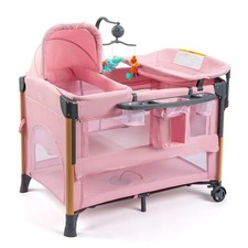 JOYMOR 7-in-1 Bedside Bassinet, Changing Table, Pink, w/ Mattress, Sheet, Canopy