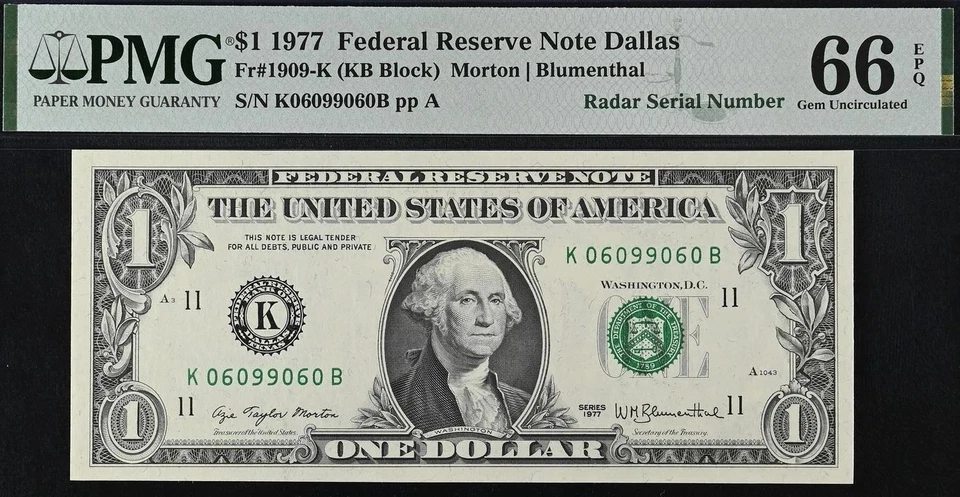1977 $1 FRN PMG 66EPQ - Matching Digit Radar Serial Number 09066090 - 06099060 - Image 4 of 4