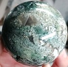AAA+ 70mm Moss Agate Sphere with Amethyst Geode Vug & 3D White Plume — photo 2