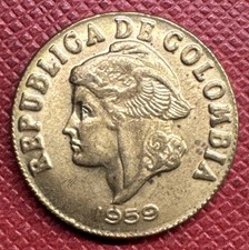 Colombia 1959  Brass 2 Centavos. Small Date. High Grade. KM# 214