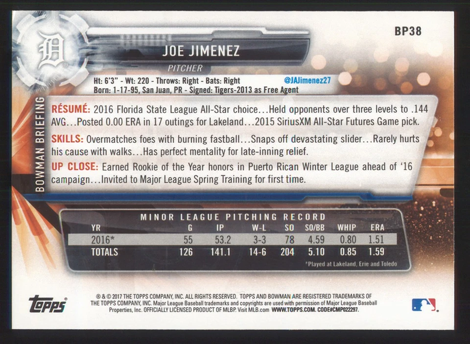 2017 Bowman #BP38 Joe Jimenez Prospects Bowman 70th Red Detroit Tigers - Image 2 of 2