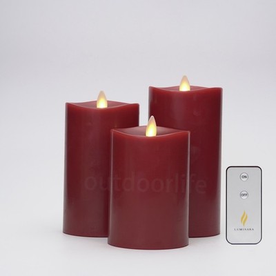 Set of 3 Luminara Flameless Moving Flame Pillar Wax Candles with Remote Burgundy