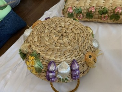 Vintage Woven Raffia Straw Casserole Baskets Handles Colorful Fruit/vegSet Of 3