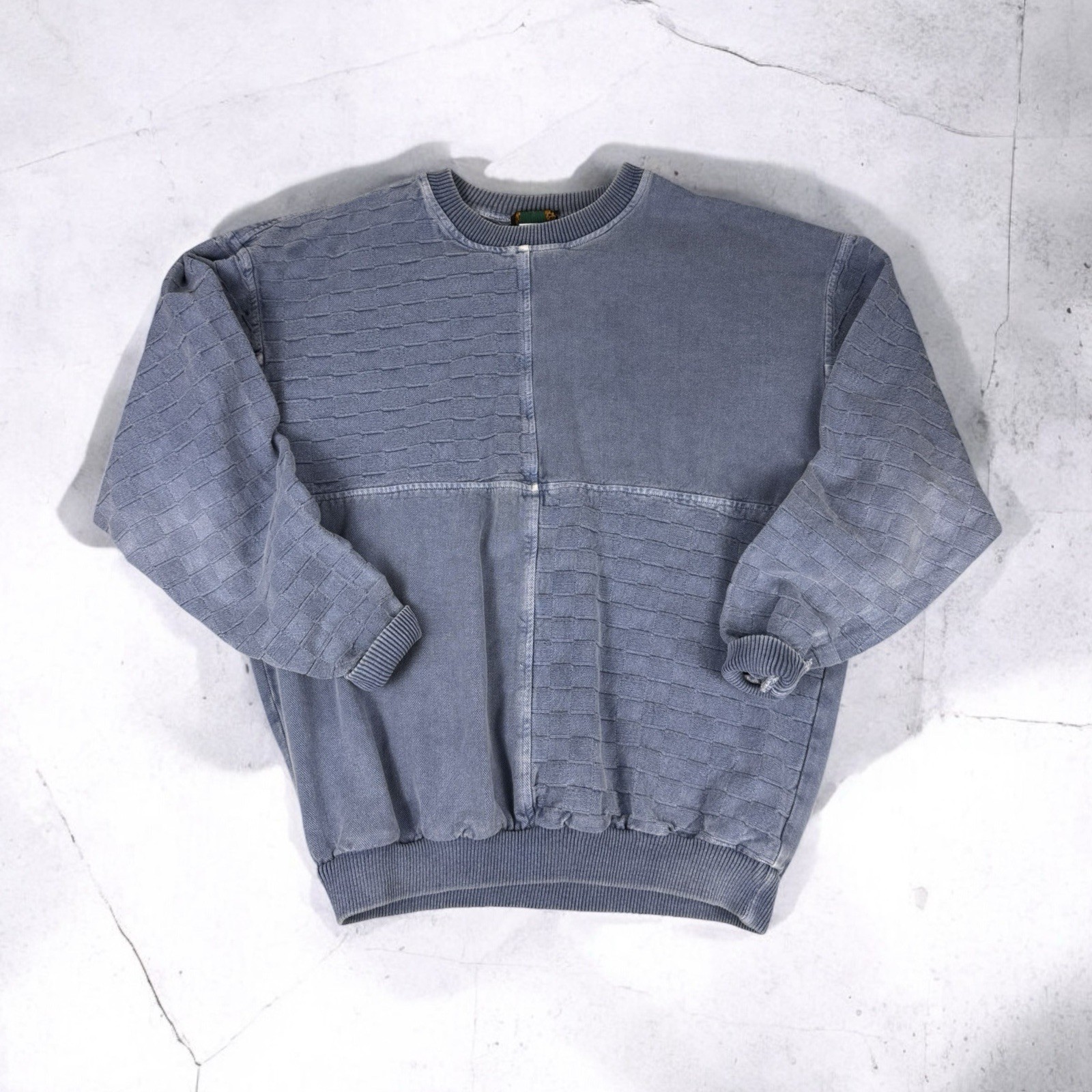 Blue Textured Patchwork Pullover Crewneck Sweatsh… - image 2