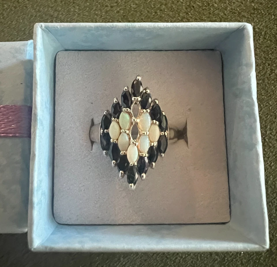 Anillo de plata de ley 925 Tailandia con racimo de ópalo y zafiro joya de cóctel vintage Foto 2 de 4