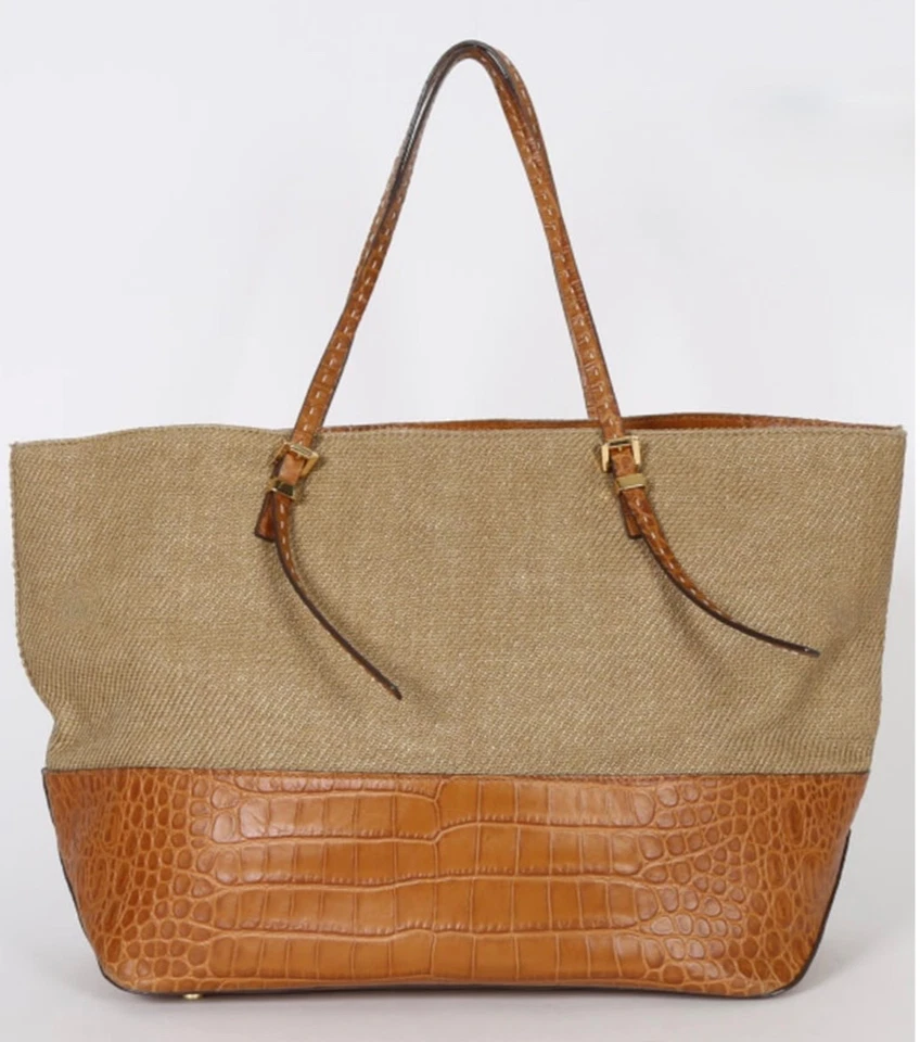 MICHAEL KORS GIA Woven Raffia Straw & Brown Croc Leather LARGE TOTE BAG PURSE - Image 4 of 4