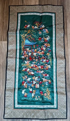 Vintage BEIJING Chinese Hand Stitch Embroidery Silk 100 Children Playing 26"X13" - Picture 2 of 9