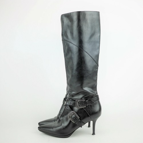 CARLOS Women's 6.5 - Black faux leather studded knee high boots high heel boots - Picture 2 of 12