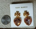 Tory Burch CARVED KIRA Big  1.4" HEART DROP EARRINGS Gold/Pale Pink (New) — photo 3