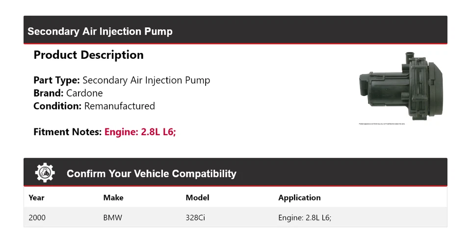 For 2000 BMW 328Ci 2.8L L6 Secondary Air Injection Pump Cardone - Image 2 of 4