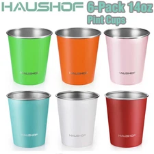 HAUSHOF 14oz Pint Cup Stainless Steel Cup Stackable Metal Beer Pint Cups 6 Pack