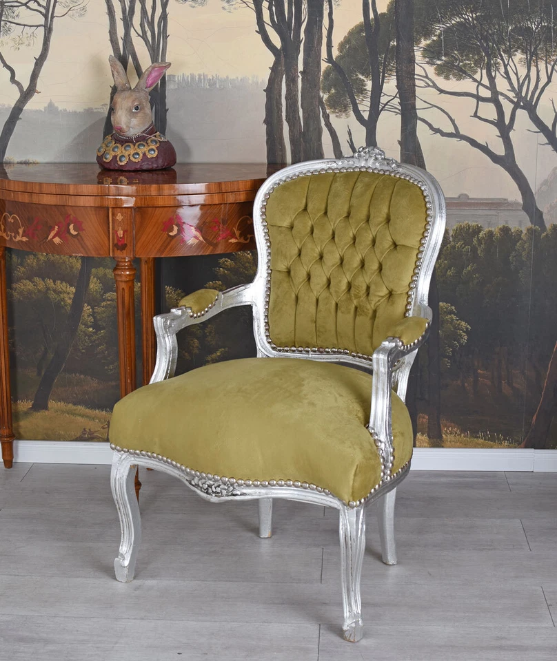 Barock Sessel Silber Samtsessel Armlehnstuhl Antik Stuhl Armlehnsessel Rokoko - Bild 2 von 4