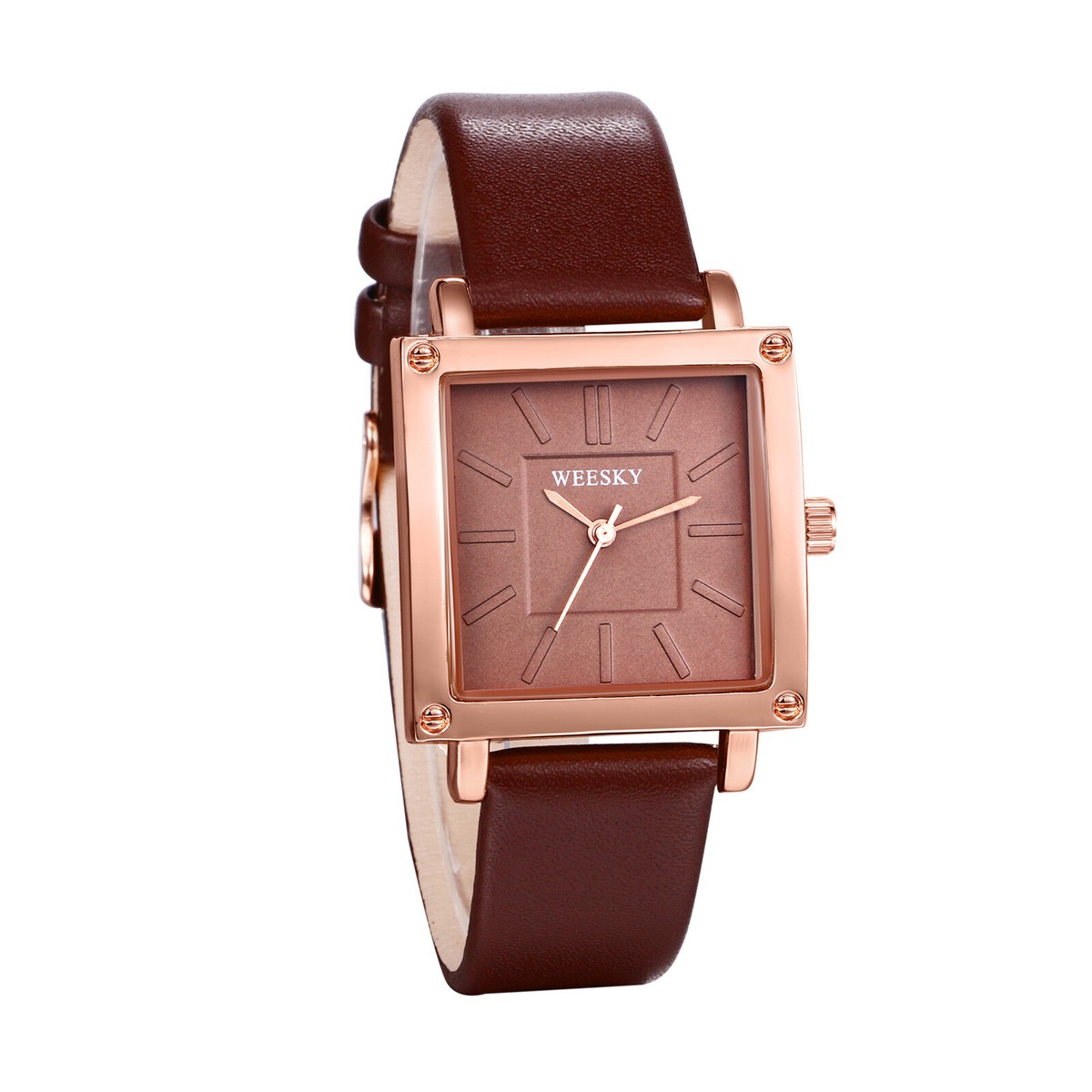 Classic Womens Thin Brown Leather Strap Square Quartz Analog 
