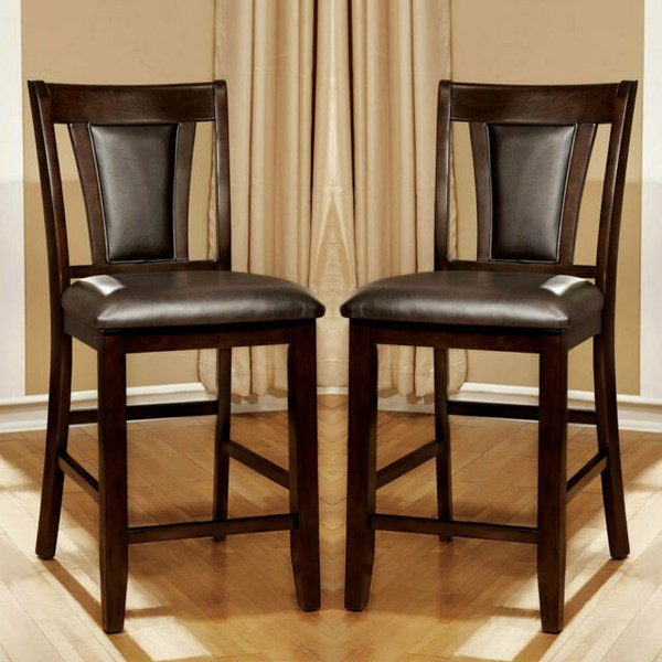 Leatherette Counter Height Wooden Chair Set of 2 Cherry Brown for sale