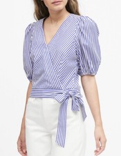 Banana Republic Medium Puff-Sleeve Cropped Top w/ Blue Stripes