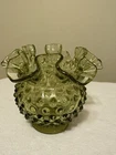 Vintage Fenton Green Ruffled Crimped Edge Hobnail Glass Vase Rose Bowl 4.25"