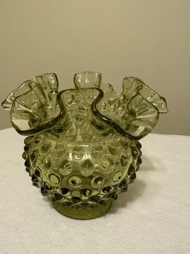 Vintage Fenton Green Ruffled Crimped Edge Hobnail Glass Vase Rose Bowl 4.25"