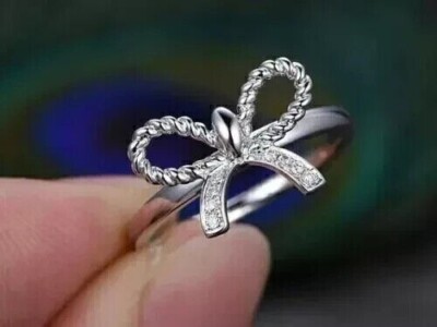 Round Cut Simulated Diamond Engagement Women Ribbion Ring 14K White Gold Plated