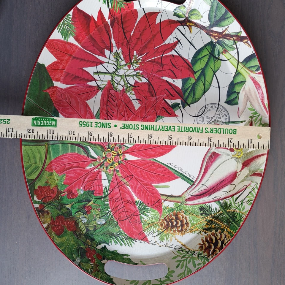 Michel Design Works Red Poinsetta Tray With Inset Handles Each End Metal 16" - Image 4 of 4