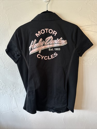 Camisa Harley Davidson Negra Rosa Manga Corta Cuello Cremallera Rosa Etiqueta Logo M - Imagen 5 de 7