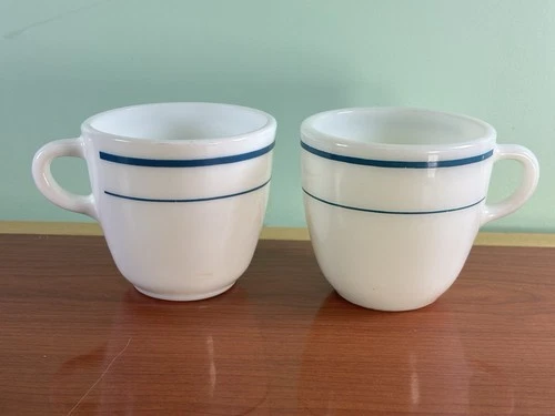 Vintage Anchor Hocking White Milk Glass Coffee Mugs Blue Stripe Band 910 USA Set