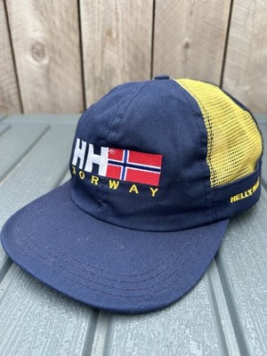 Vintage 90s Helly Hansen Norway Sea Gear Mesh Hat Navy Yellow SnapBack MADE USA