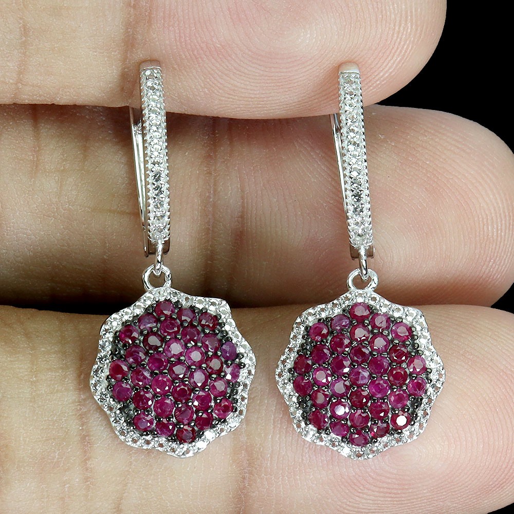 925 Sterling Silver Earrings Ruby Myanmar Round Diamond Cut White Topaz Gemstone