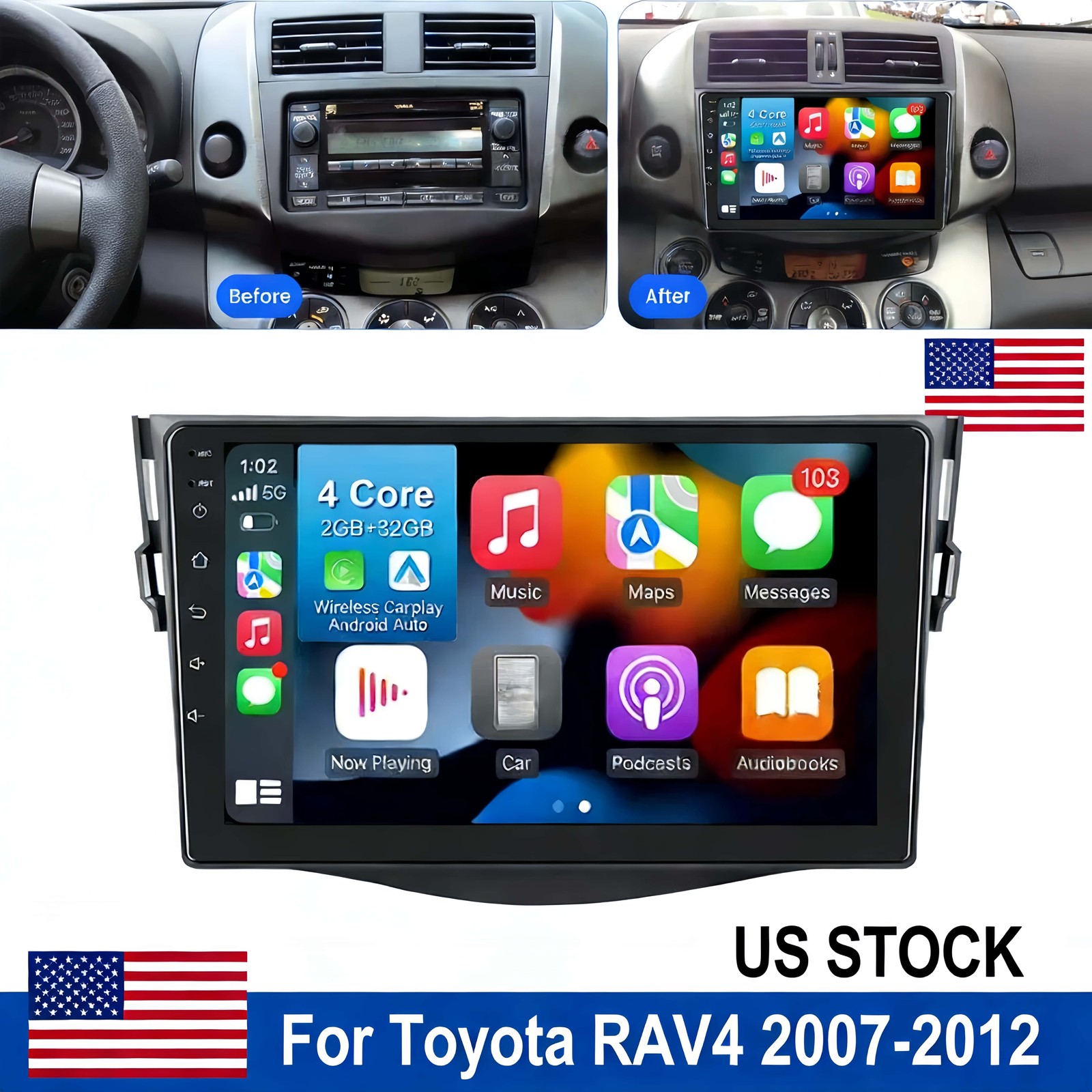 For Toyota RAV4 2007-2012 Apple Carplay Android 13 Car GPS Radio Stereo BT WIFI