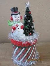 manufactured snowman, tree atop box