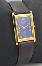 Working Seiko Slim Tank Roman Blue Dial GP Case Men's Wristwatch Leather Band