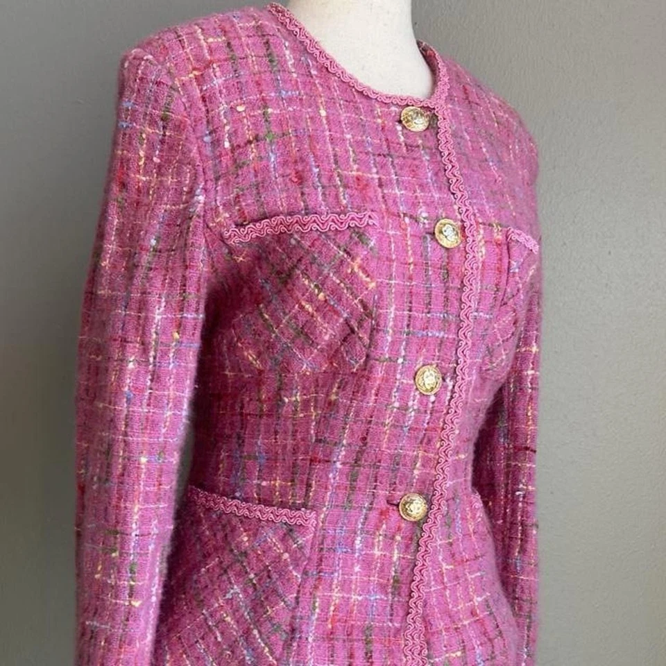 Blazer Vintage Rosa Cuadros Tweed Talla S Dorado Bordado Botones Retro Glamour Foto 4 de 4