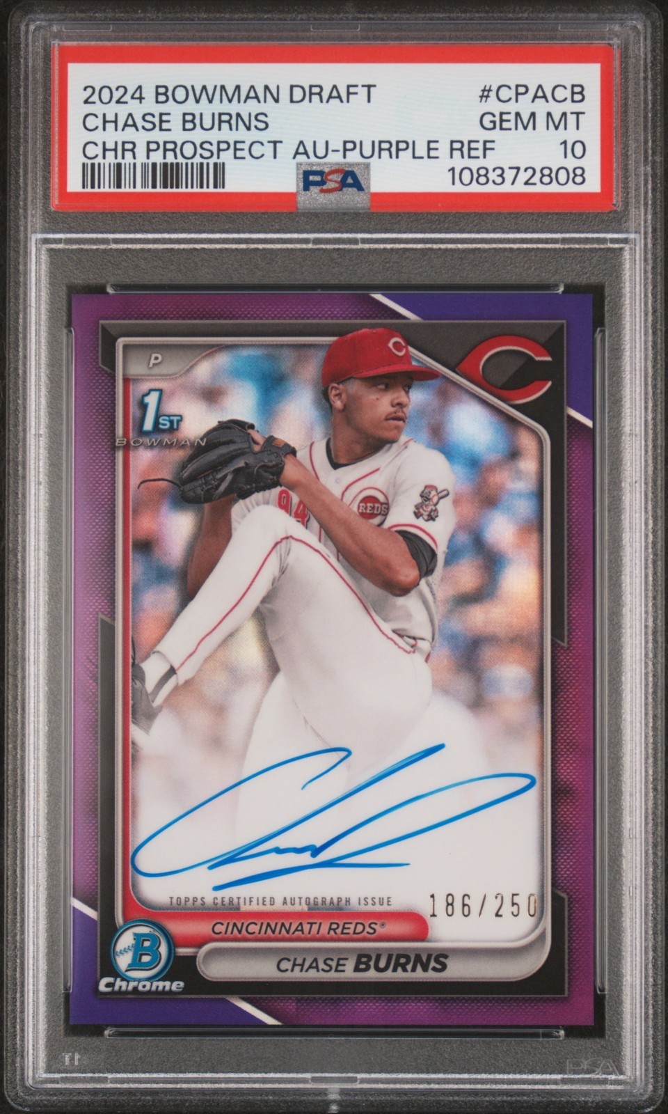 2024 Bowman Draft Chrome Prospect Chase Burns 1st Rookie Purple /250 Auto PSA 10