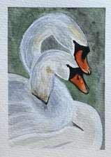 ACEO Original, Nature Watercolor Painting, Swans Bird Animal by B.Gauthier