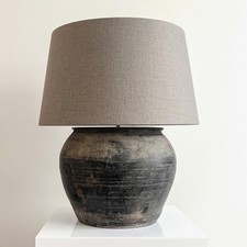 Image of Extra Large black table lamp with natural drum shade