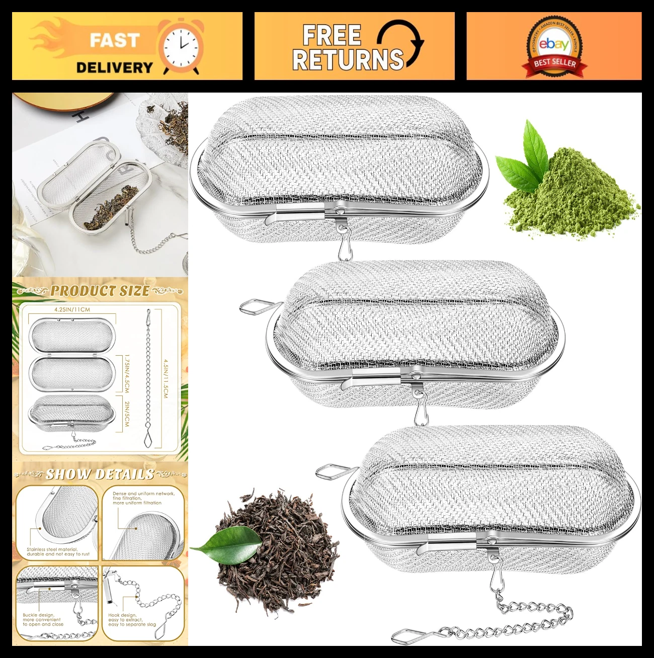 3 Pcs Stainless Steel Tea Infusers - Loose Leaf Strainers & Steepers, Oval Filte