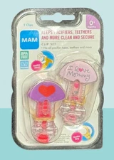 MAM Pacifiers Clip Set I Love Mommy 0+ Months BPA FREE 2 Clips