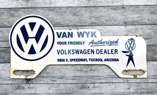 VINTAGE 10x4.75" VW VOLKSWAGEN DEALER GAS STATION PORCELAIN OIL TOPPER SIGN