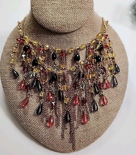BOHO Double Strand Waterfall Necklace Gold Tone Chains & Acrylic Beads - Picture 2 of 10