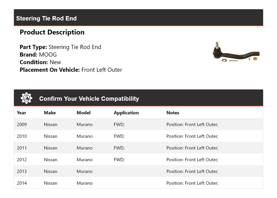 Для 2009-2014 Nissan Murano руль анкерный конец передний левый внешний MOOG 2009 2010 - Изображение 2 из 4
